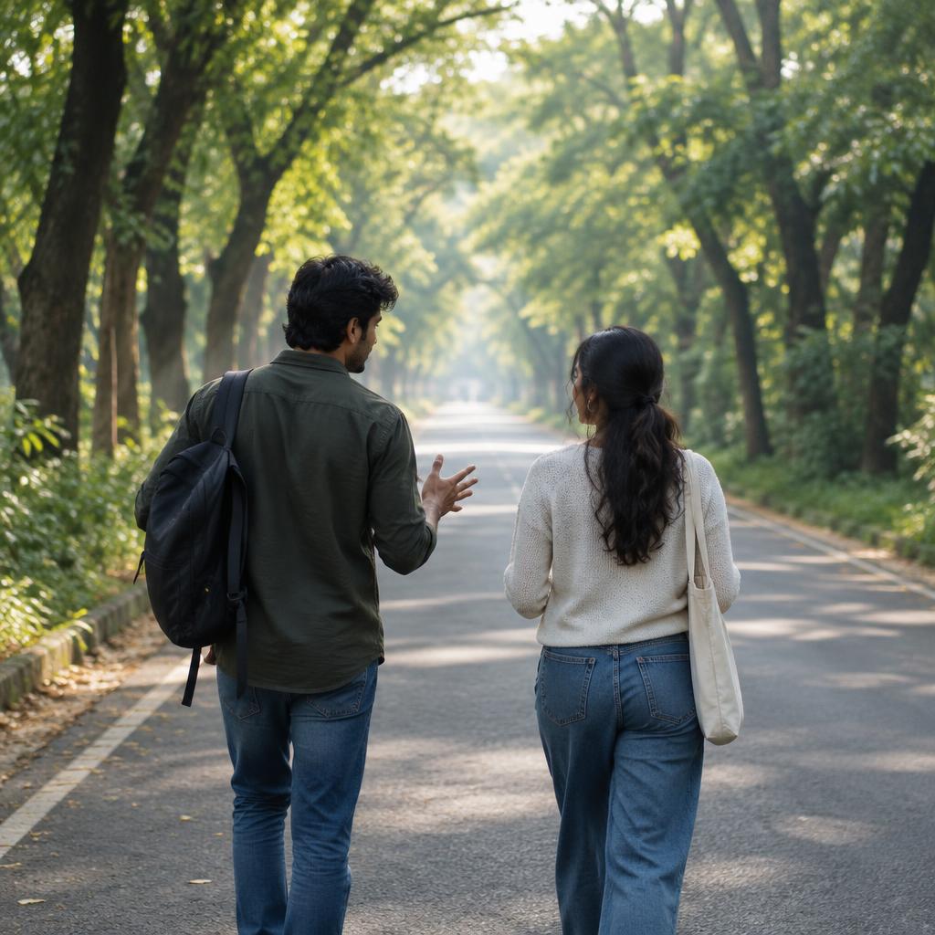 Two friends talking through an idea on a walk